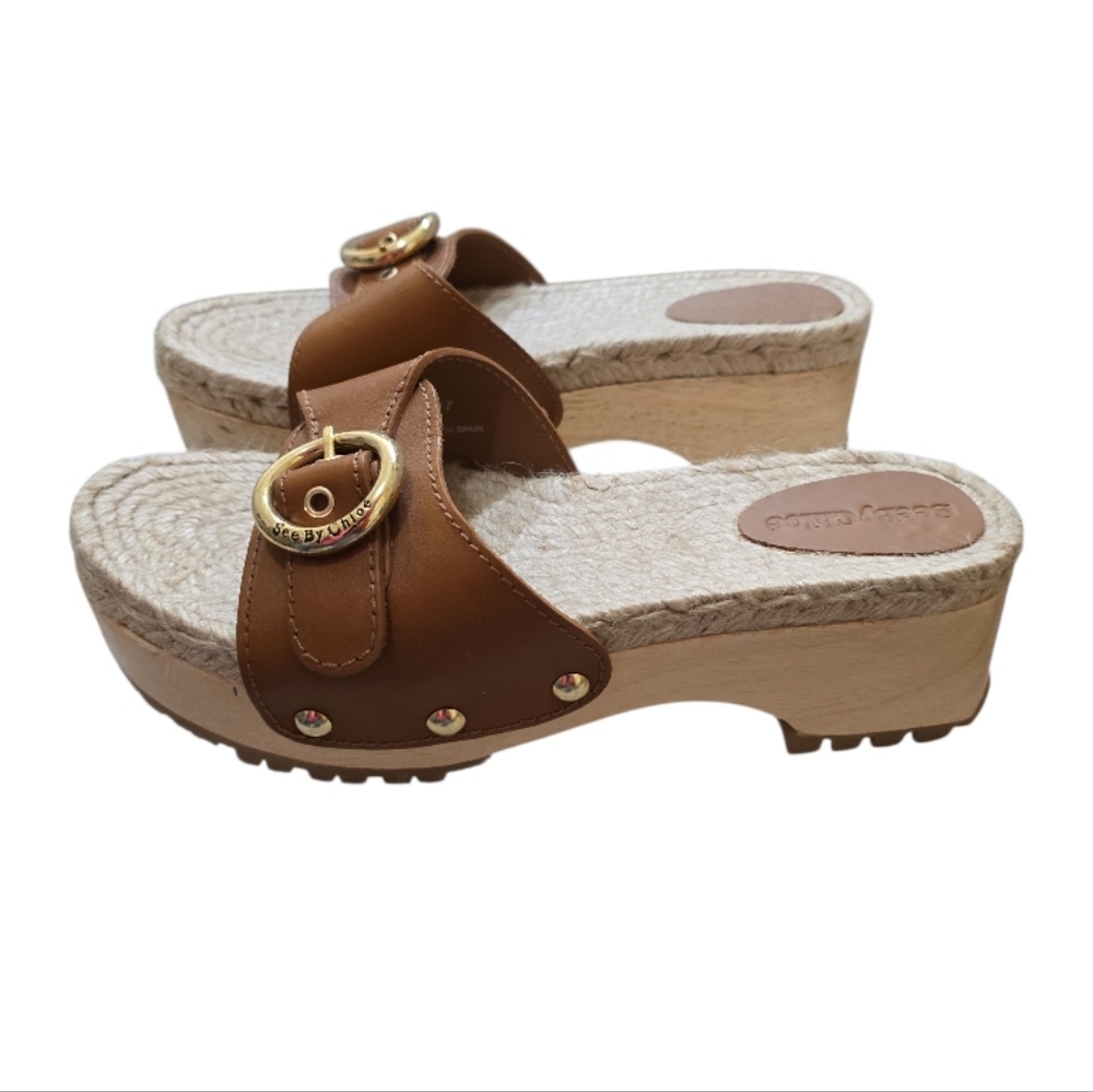 See By Chloe Viviane Leather Jute Wood Platform Sandals Open Toe Clog Cedar 37 7 - Picture 2 of 12